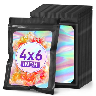 ANZNKU 100PCS Holographic Bags 4x6 Black Mylar Bags Resealable, Smell Proof Packaging Bag Snack Pouches Goodie Baggies for Candy Jewelry Graduation Party Favors, Small Gift Bag for Small Business