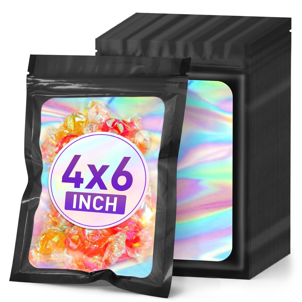 ANZNKU 100PCS Holographic Bags 4x6 Black Mylar Bags Resealable, Smell Proof Packaging Bag Snack Pouches Goodie Baggies for Candy Jewelry Graduation Party Favors, Small Gift Bag for Small Business