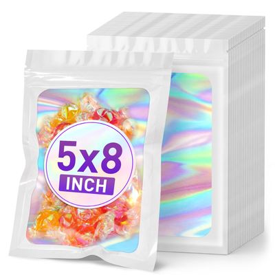 ANZNKU Holographic Bags 5x8 White Mylar Bags Resealable 50PCS, Smell Proof Packaging Bag Snack Pouches Goodie Baggies for Candy Jewelry Graduation Party Favors, Small Gift Bag for Small Business