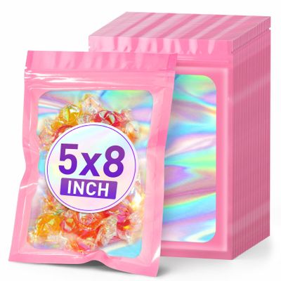 ANZNKU Holographic Bags 5x8 Pink Mylar Bags Resealable 50PCS, Smell Proof Packaging Bag Snack Pouches Goodie Baggies for Candy Jewelry Graduation Party Favors, Small Gift Bag for Small Business