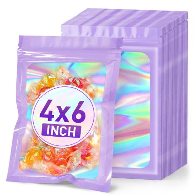 ANZNKU 100PCS Holographic Bags 4x6 Mylar Bags Resealable, Purple Smell Proof Packaging Bag Snack Pouches Goodie Baggies for Candy Jewelry Graduation Party Favors, Small Gift Bag for Small Business