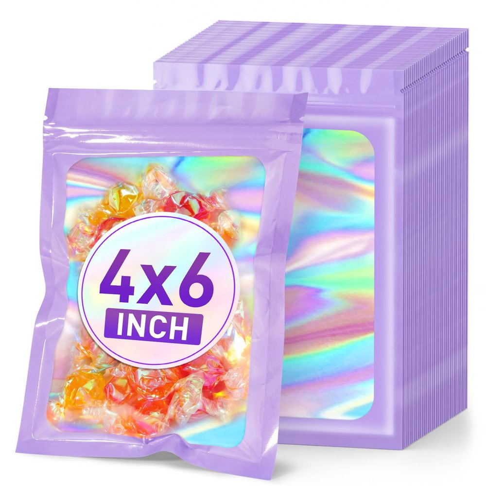ANZNKU 100PCS Holographic Bags 4x6 Mylar Bags Resealable, Purple Smell Proof Packaging Bag Snack Pouches Goodie Baggies for Candy Jewelry Graduation Party Favors, Small Gift Bag for Small Business