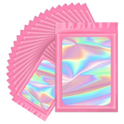 ANZNKU 100PCS Holographic Bags Pink Mylar Bags Resealable 5.5x7.8, Smell Proof Packaging Bag Snack Pouches Goodie Baggies for Candy Jewelry Graduation Party Favors, Small Gift Bag for Small Business