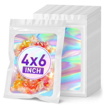 ANZNKU 100PCS Holographic Bags 4x6 White Mylar Bags Resealable, Smell Proof Packaging Bag Snack Pouches Goodie Baggies for Candy Jewelry Graduation Party Favors, Small Gift Bag for Small Business