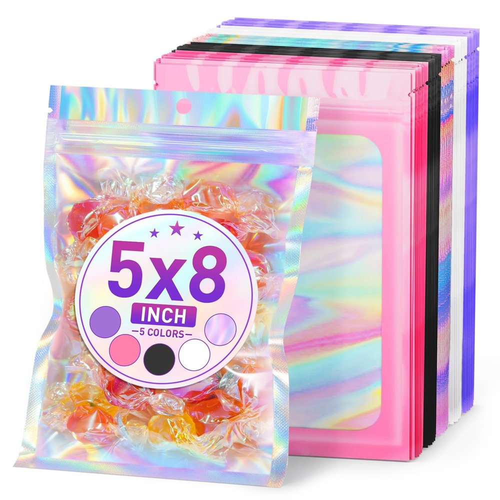 ANZNKU 100PCS Holographic Bags 5x8 Mixed Color Mylar Bags Resealable, Smell Proof Bag Sealable Small Gift Bag Foil Pouches Packaging Baggies for Goodie Snack Candy Jewelry Birthday Party Favors