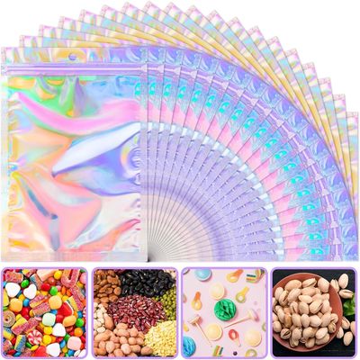 ANZNKU Holographic Bags Mylar Bags Resealable 50PCS, 5.5x7.8 Smell Proof Packaging Bag Pouches Snack Baggies for Candy Jewelry Goodie Graduation Party Favor, Small Plastic Gift Bag for Small Business