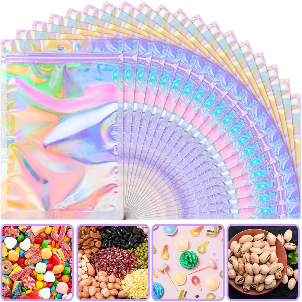 ANZNKU Holographic Bags Mylar Bags Resealable 50PCS, 5.5x7.8 Smell Proof Packaging Bag Pouches Snack Baggies for Candy Jewelry Goodie Graduation Party Favor, Small Plastic Gift Bag for Small Business