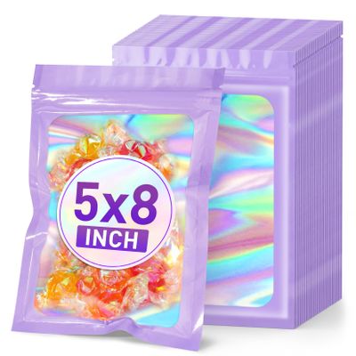 ANZNKU Holographic Bags 5x8 Mylar Bags Resealable 50PCS, Purple Smell Proof Packaging Bag Snack Pouches Goodie Baggies for Candy Jewelry Graduation Party Favors, Small Gift Bag for Small Business