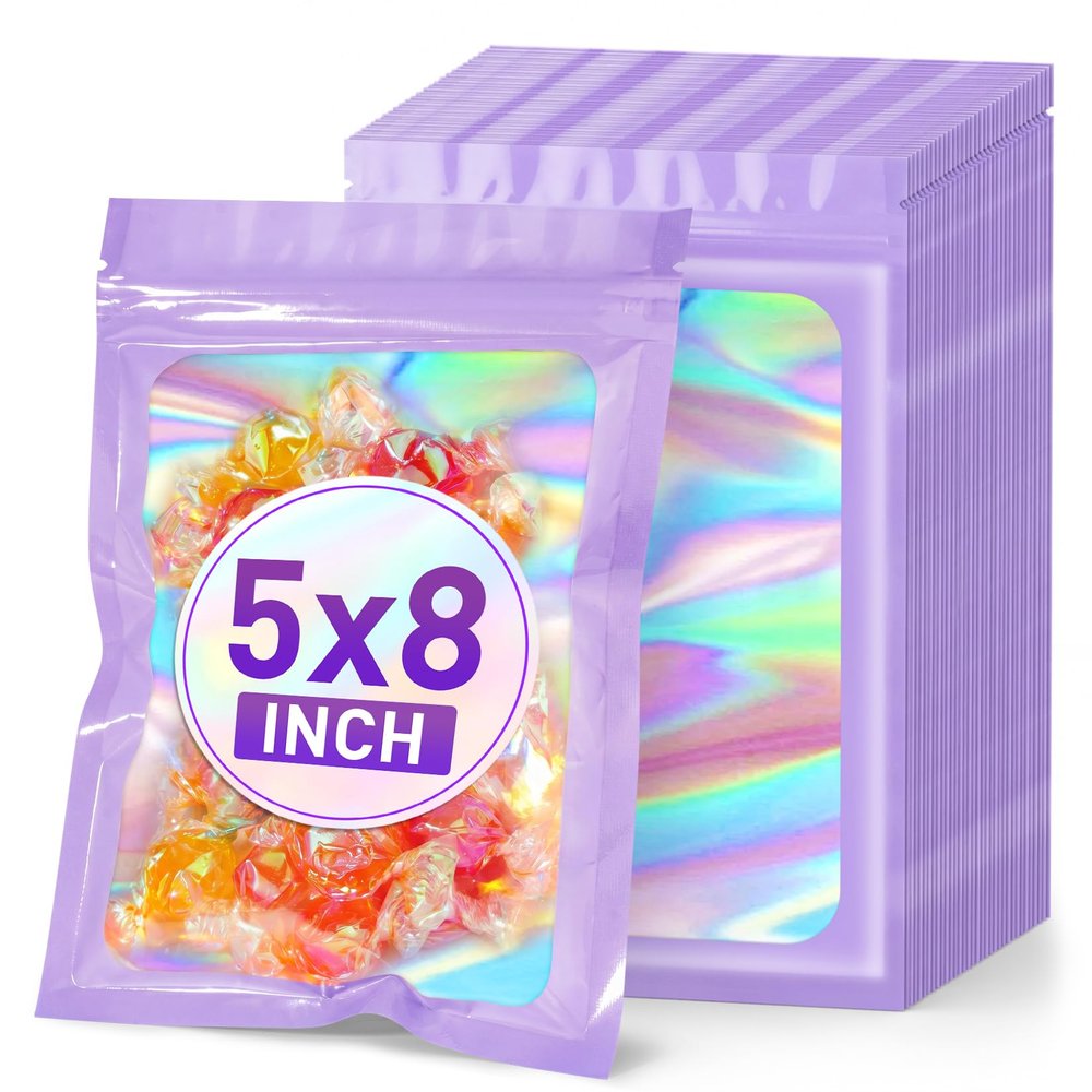 ANZNKU Holographic Bags 5x8 Mylar Bags Resealable 50PCS, Purple Smell Proof Packaging Bag Snack Pouches Goodie Baggies for Candy Jewelry Graduation Party Favors, Small Gift Bag for Small Business