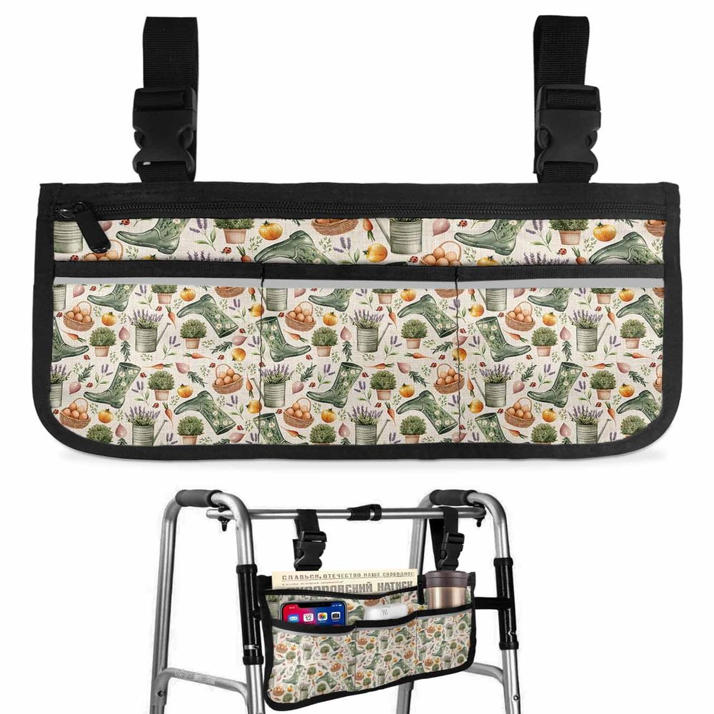Green Boots Lavender Flower Wheelchair Side Bag Retro Farm Thing on Linen Wheelchair Accessory Bag to Hang on Side with Reflective Strip for Wheelchair - Ideal Gift for Seniors