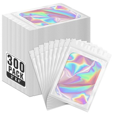 ANZNKU 300 Pack White Holographic Mylar Bags with Clear Window, 3x4 In Smell Proof Packaging Bags for Small Business, Resealable Small Foil Zipper Pouch for Candy Jewelry Goodie Gift & Party Favors