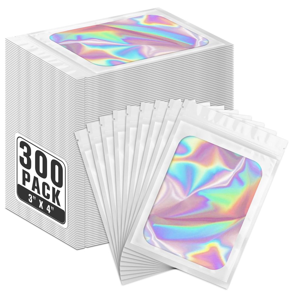 ANZNKU 300 Pack White Holographic Mylar Bags with Clear Window, 3x4 In Smell Proof Packaging Bags for Small Business, Resealable Small Foil Zipper Pouch for Candy Jewelry Goodie Gift & Party Favors