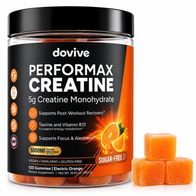 DOVIVE Creatine Monohydrate Gummies 5000mg for Men & Women with L-Taurine & B12 Pre Workout Chews for Strength, Energy & Recovery Sugar Free Vegan Electric Orange 120 Count