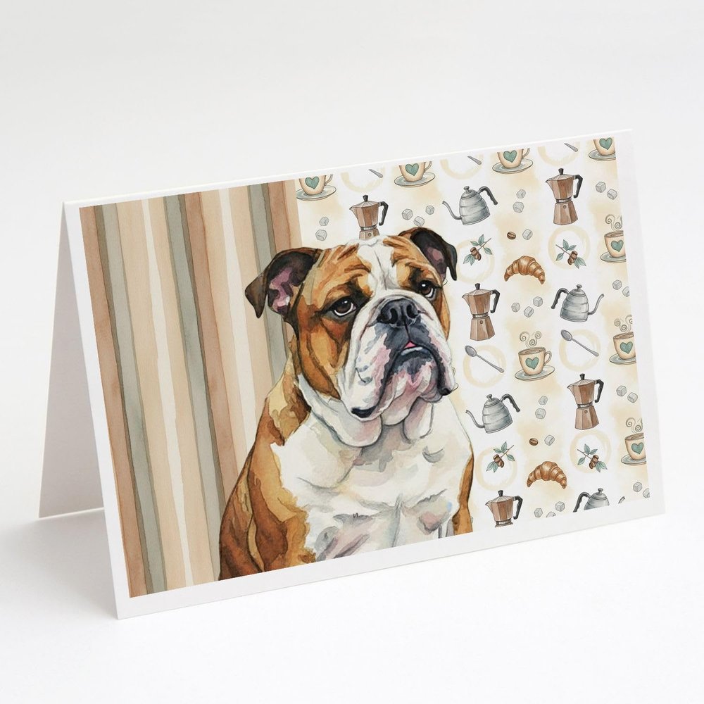 Caroline's Treasures Brindle and White English Bulldog Coffee Bar Greeting Cards Pack of 8 Blank Cards with Envelopes Whimsical A7 Size 5x7