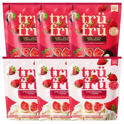 Tru Fru Freeze Dried Fruit Variety Pack, Strawberries & Crme, Strawberries in Dark & White Chocolate, Real Fruit, Chocolate Covered Snacks, Gluten Free Candy, 6 Pack (3.4oz)