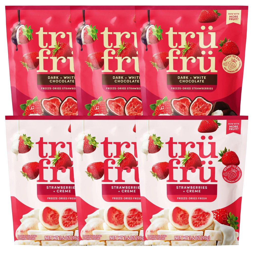 Tru Fru Freeze Dried Fruit Variety Pack, Strawberries & Crme, Strawberries in Dark & White Chocolate, Real Fruit, Chocolate Covered Snacks, Gluten Free Candy, 6 Pack (3.4oz)