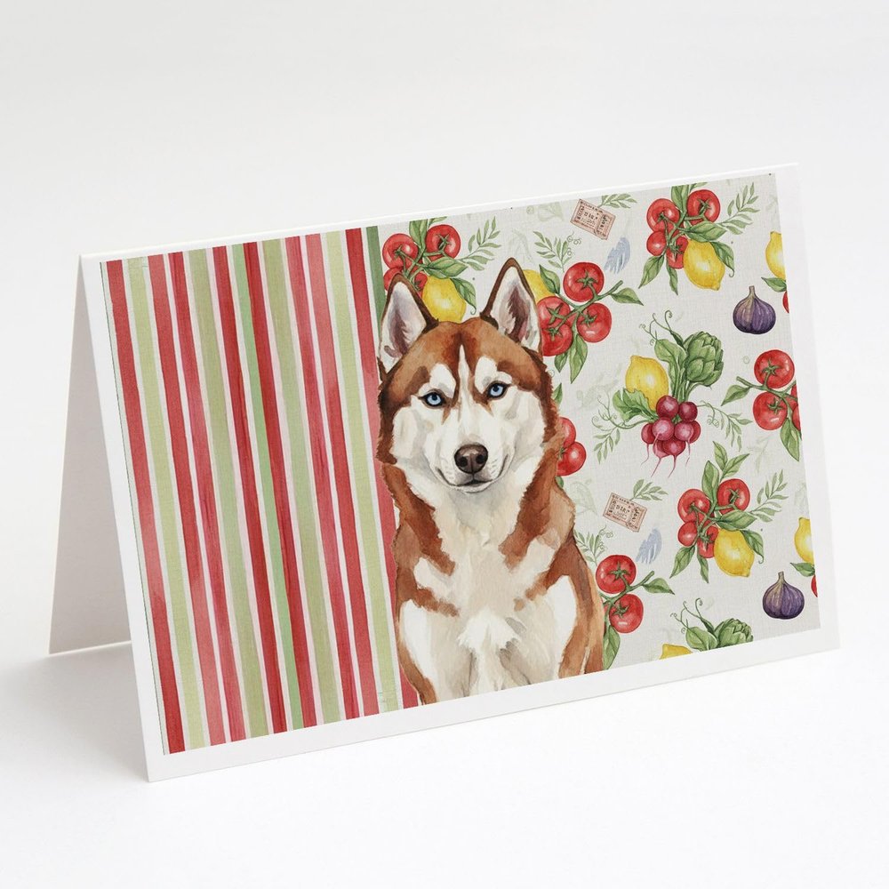 Caroline's Treasures Red and White Siberian Husky Vegetables Greeting Cards Pack of 8 Blank Cards with Envelopes Whimsical A7 Size 5x7