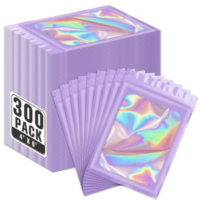 ANZNKU 300 Pack Purple Holographic Mylar Bags with Clear Window, 4x6 In Smell Proof Packaging Bags for Small Business, Resealable Small Foil Zipper Pouch for Candy Jewelry Goodie Gift & Party Favors