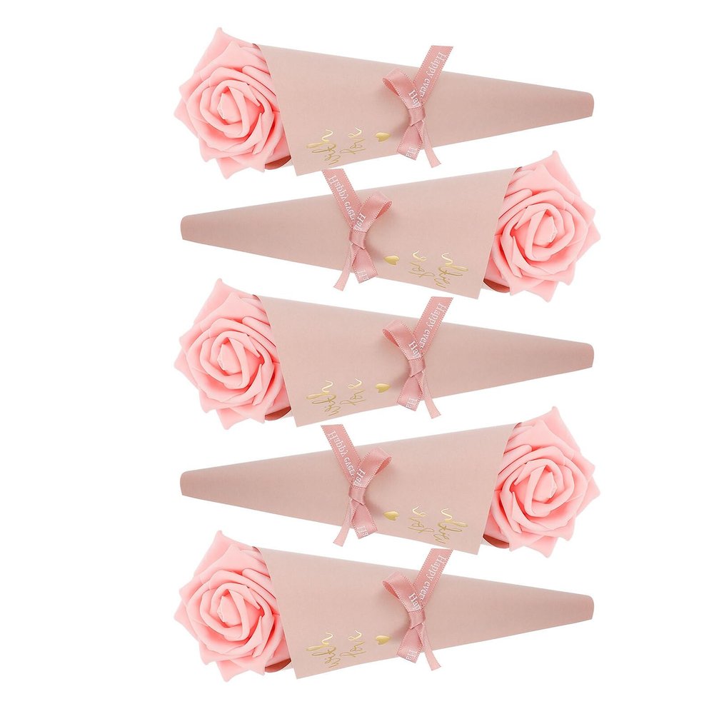 FUNOMOCYA DIY Pink Flower Cone Candy Bags 5pcs Wedding Candy Containers with Pink Bow, Delicate Cone Sweets Packaging for Party Favors and Wrapping