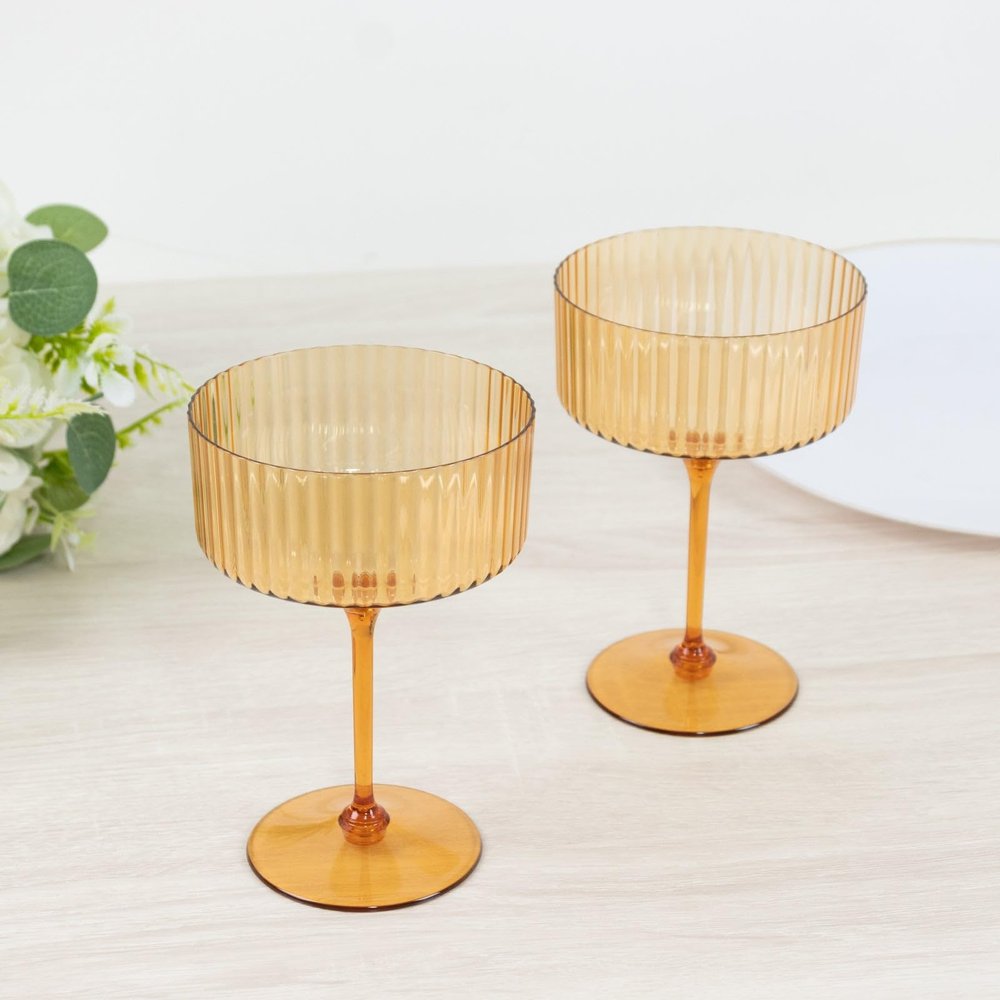 Efavormart 24-Pack 10oz Amber Gold Ribbed Plastic Coupe Glasses, Disposable Champagne Cups with Detachable Base for Autumn Weddings and Galas