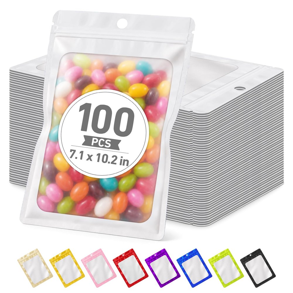 Crweety 100 Pcs White Mylar Bags with Frosted Clear Window 7.08x10.24''