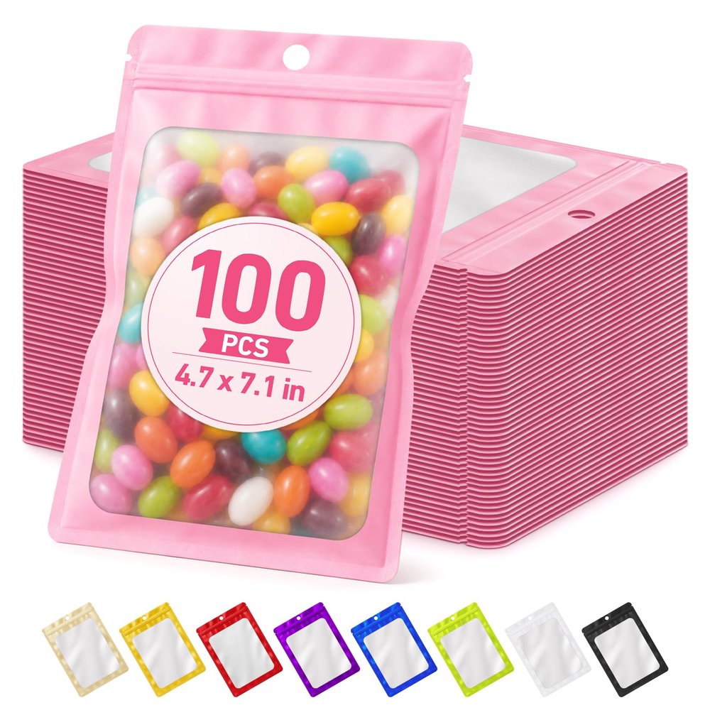 Crweety 100 Pcs Pink Mylar Bags with Frosted Clear Window 4.72x7.1''