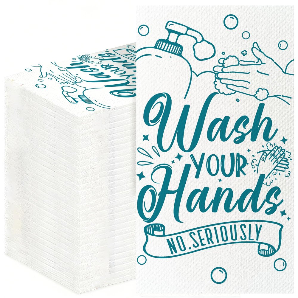100 Pack Wash Your Hands Disposable Hand Towels for Bathroom Paper Towels for Guests Etiquette Guest Dinner Napkins Decorative Paper Hand Towels for Bathroom Wedding Birthday Anniversary (Teal Blue)