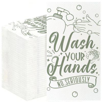100 Pack Wash Your Hands Disposable Hand Towels for Bathroom Paper Towels for Guests Etiquette Guest Dinner Napkins Decorative Paper Hand Towels for Bathroom Wedding Birthday Anniversary (Green)
