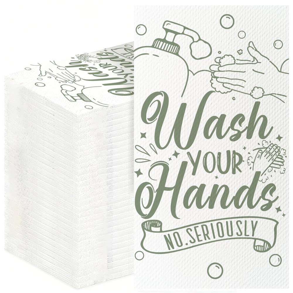 100 Pack Wash Your Hands Disposable Hand Towels for Bathroom Paper Towels for Guests Etiquette Guest Dinner Napkins Decorative Paper Hand Towels for Bathroom Wedding Birthday Anniversary (Green)