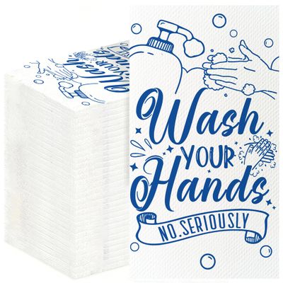 100 Pack Wash Your Hands Disposable Hand Towels for Bathroom Paper Towels for Guests Etiquette Guest Dinner Napkins Decorative Paper Hand Towels for Bathroom Wedding Birthday Anniversary(Blue)