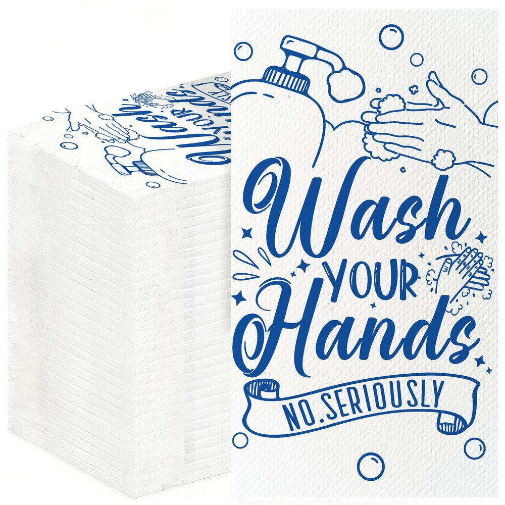 100 Pack Wash Your Hands Disposable Hand Towels for Bathroom Paper Towels for Guests Etiquette Guest Dinner Napkins Decorative Paper Hand Towels for Bathroom Wedding Birthday Anniversary(Blue)