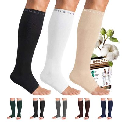NEWZILL Compression Socks for Women & Men Circulation 20-30 mmHg, Graduated Open Toe, Cotton Compression Socks for Nurses XXL Black/White/Nude 3Pairs