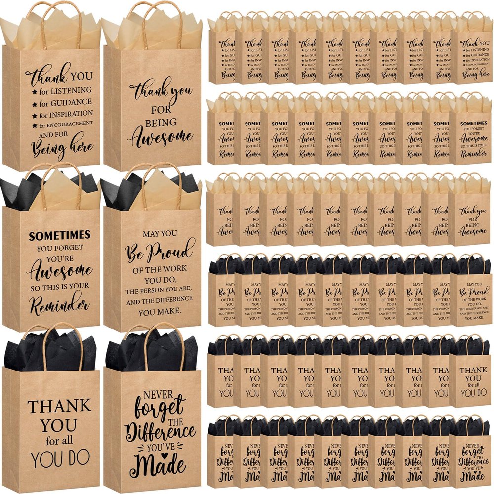 Feifeiya 60 Pack Employee Appreciation Gift Bags Bulk Thank You Paper Bags with Handle and Tissue Paper for Coworker Team Staff Teacher Nurse Volunteer Party Favors(Kraft Black,Appreciation)