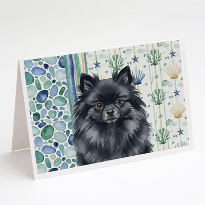 Caroline's Treasures Black Pomeranian Coastal Sea Glass Greeting Cards Pack of 8 Blank Cards with Envelopes Whimsical A7 Size 5x7