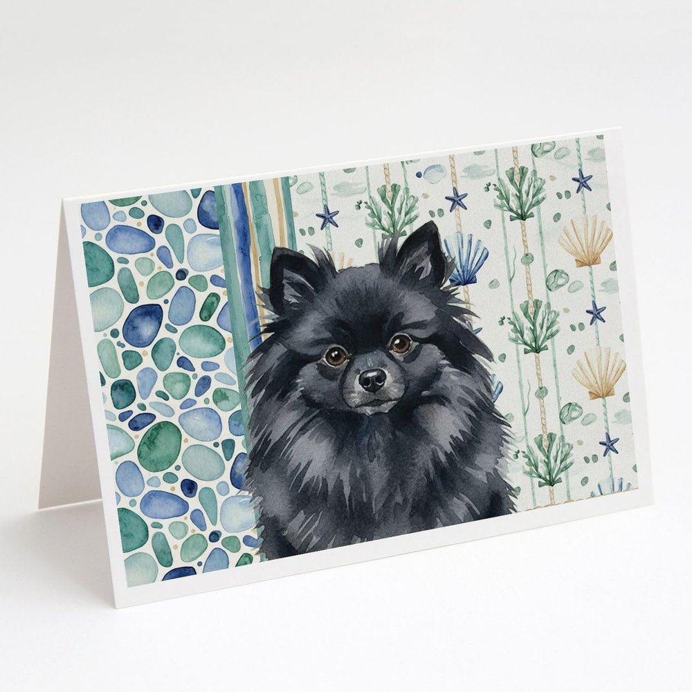 Caroline's Treasures Black Pomeranian Coastal Sea Glass Greeting Cards Pack of 8 Blank Cards with Envelopes Whimsical A7 Size 5x7