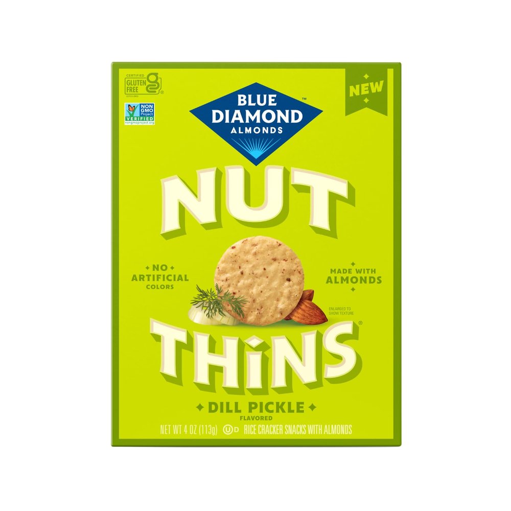 Blue Diamond Almonds, Dill Pickle Nut Thin Rice Cracker, Gluten Free and Celiac Friendly, Non-GMO, No Sugar Added or Artificial Colors, Great for Cheese Boards, Guilt Free Snacking, Lunch, 4oz. Box (Pack of 1)