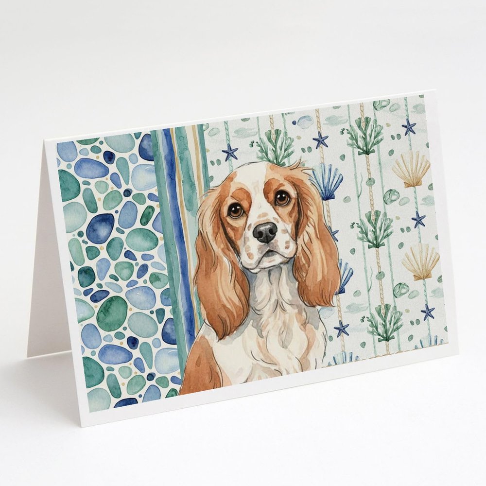 Caroline's Treasures Blenheim Cavalier Spaniel Coastal Sea Glass Greeting Cards Pack of 8 Blank Cards with Envelopes Whimsical A7 Size 5x7