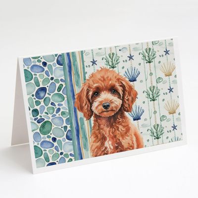Caroline's Treasures Miniature Red Poodle Coastal Sea Glass Greeting Cards Pack of 8 Blank Cards with Envelopes Whimsical A7 Size 5x7