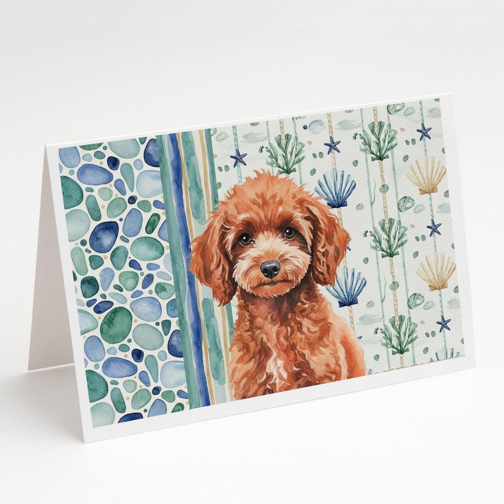 Caroline's Treasures Miniature Red Poodle Coastal Sea Glass Greeting Cards Pack of 8 Blank Cards with Envelopes Whimsical A7 Size 5x7