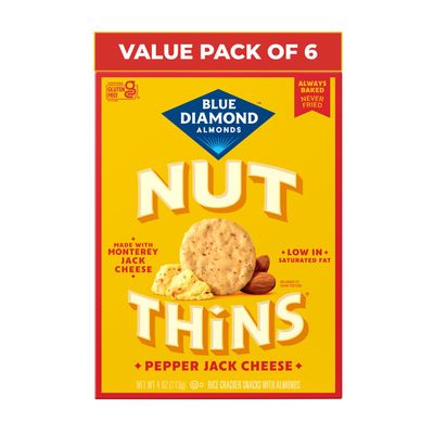 Blue Diamond Almonds, Pepper Jack Gluten Free Nut Thins Bulk Size Rice Crackers, Made with Monterrey Cheese, Non-GMO, Parties, Holiday, Cheese Boards, Celiac Friendly, Pack of 6, 4oz Boxes