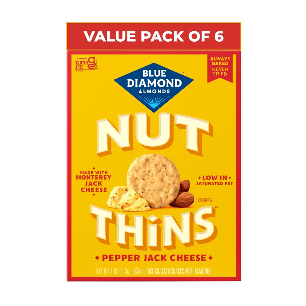 Blue Diamond Almonds, Pepper Jack Gluten Free Nut Thins Bulk Size Rice Crackers, Made with Monterrey Cheese, Non-GMO, Parties, Holiday, Cheese Boards, Celiac Friendly, Pack of 6, 4oz Boxes