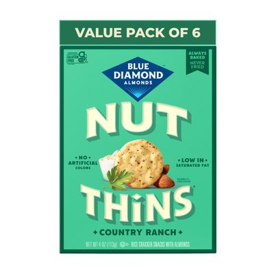 Blue Diamond Almonds, Country Ranch Flavored Nut Thins Rice Crackers, Bulk Pack of 6, Gluten Free Snacking, Non-GMO, Guilt Free for Celiac, Great with Crackers, Fruit, and Cheese, Pack of 6, 4oz. Boxes