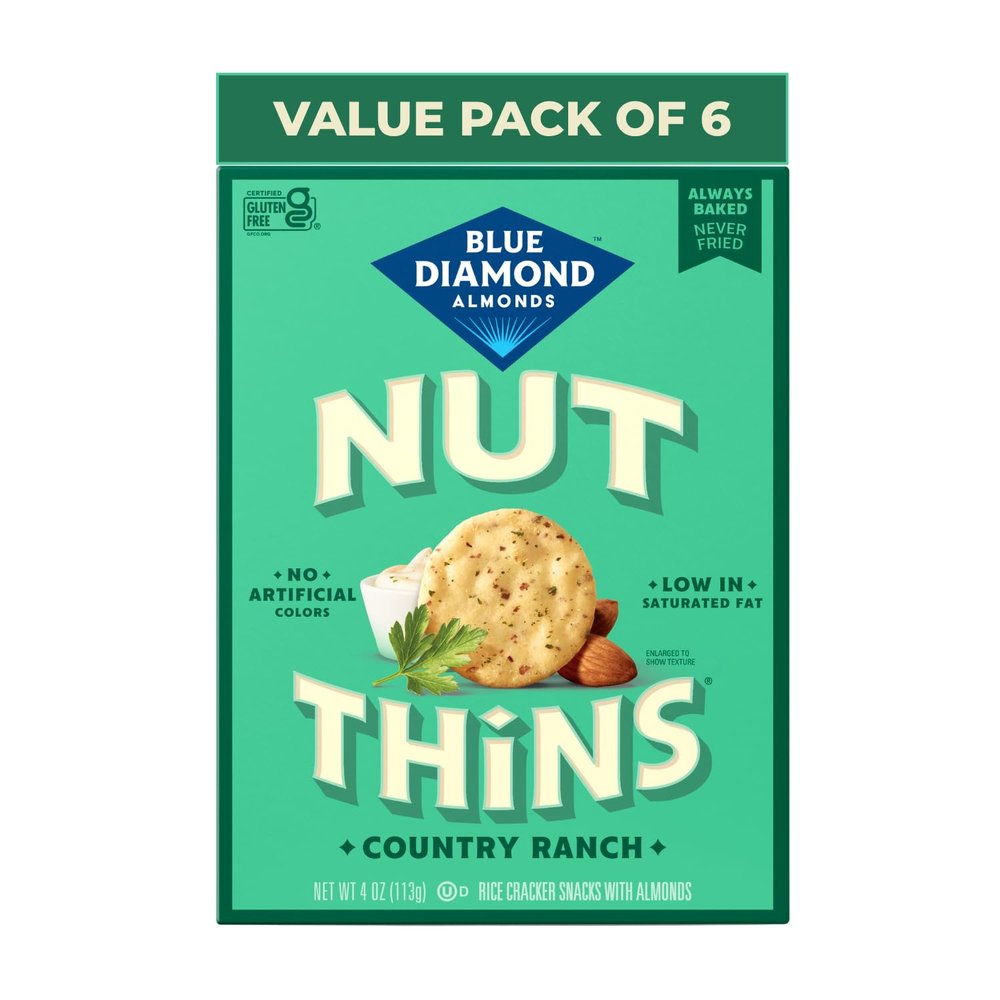 Blue Diamond Almonds, Country Ranch Flavored Nut Thins Rice Crackers, Bulk Pack of 6, Gluten Free Snacking, Non-GMO, Guilt Free for Celiac, Great with Crackers, Fruit, and Cheese, Pack of 6, 4oz. Boxes