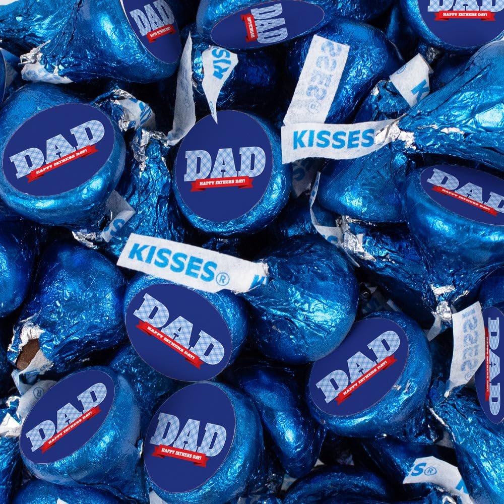 340ct Happy Father?s Day Plaid Stickered Blue Milk Chocolate Bulk Candy Kisses - Sweet Gifts For Dad, Church Event Giveaways, Office Celebration Favors & More (3.4lb)
