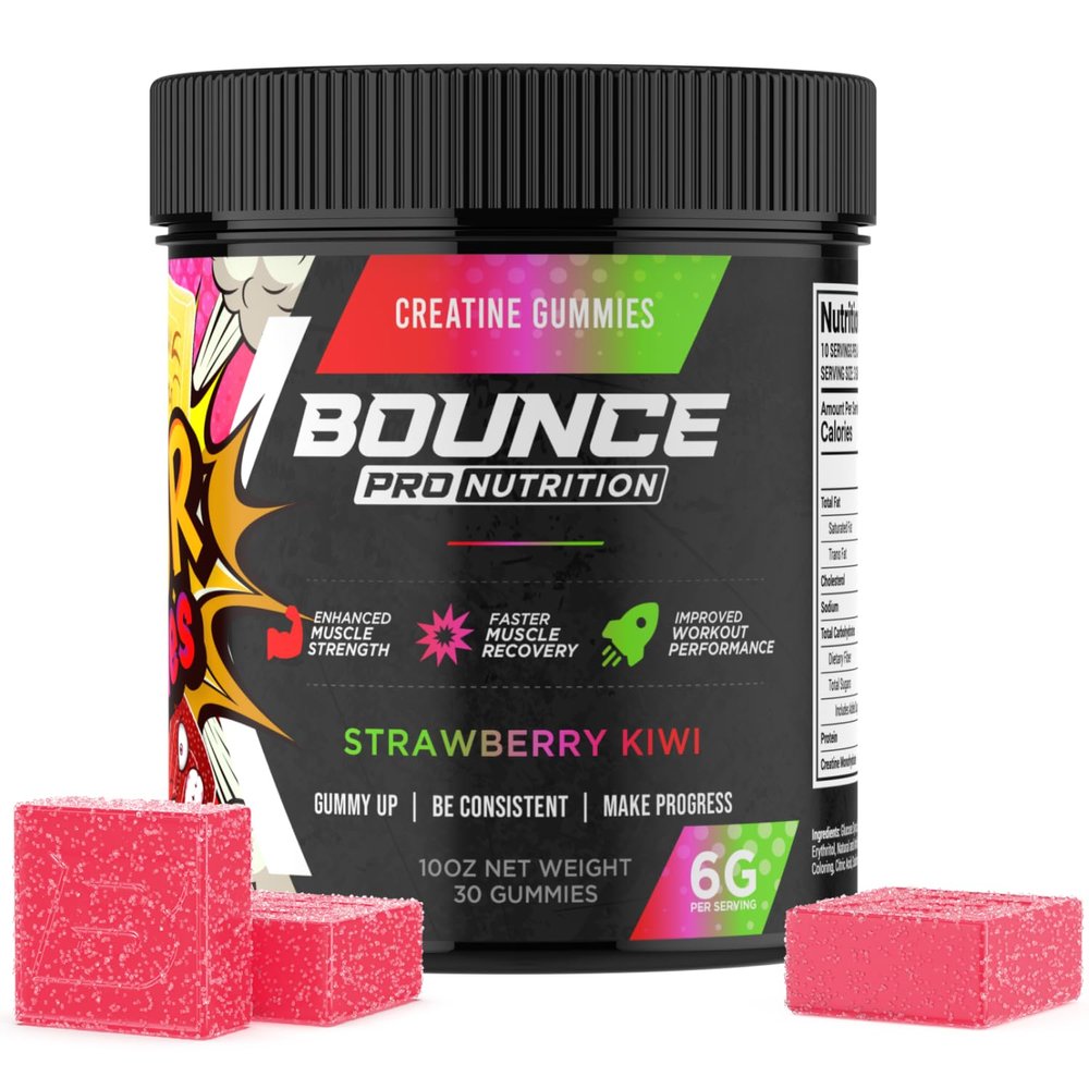 Bounce Pro Creatine Monohydrate Gummies for Men & Women, Low Calorie, 6G of Creatine per Serving, Vegan, Anti-Melting, Gluten-Free, Non-GMO (30 Count (Pack of 1), Strawberry Kiwi)