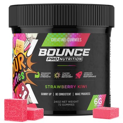 Bounce Pro Creatine Monohydrate Gummies for Men & Women, Low Calorie, 6G of Creatine per Serving, Vegan, Anti-Melting, Gluten-Free, Non-GMO (72 Count (Pack of 1), Strawberry Kiwi)