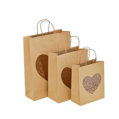 10 Pcs Kraft Paper Gift Bags with Transparent Window, 8.27"x3.94"x10.04" and 10.24"x4.72"x10.04" and 12.60"x4.33"x16.54" Kraft Shopping Bags with Handles for Bouquet Christmas Birthdays Festivals Party Weddings Wrapping (Heart-shaped, Small)