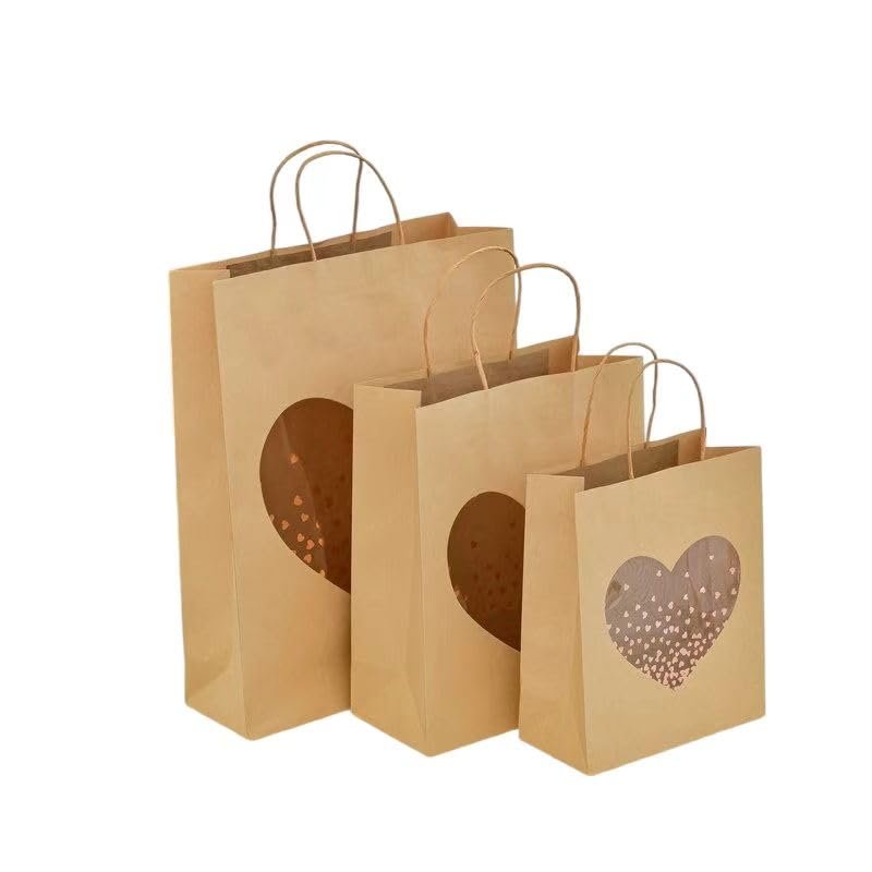 10 Pcs Kraft Paper Gift Bags with Transparent Window, 8.27"x3.94"x10.04" and 10.24"x4.72"x10.04" and 12.60"x4.33"x16.54" Kraft Shopping Bags with Handles for Bouquet Christmas Birthdays Festivals Party Weddings Wrapping (Heart-shaped, Small)