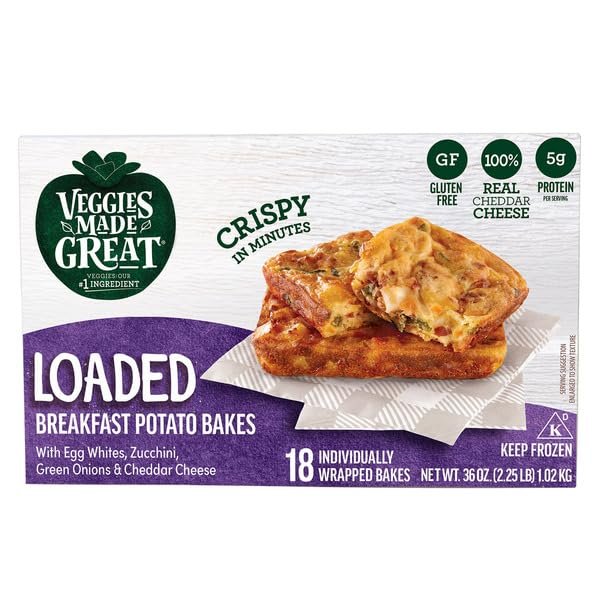 Veggies Made Great Loaded Breakfast Potato Bakes with Egg Whites, Zucchini, Green Onions & Cheddar Cheese, Gluten Free, 18 Count, 36 oz
