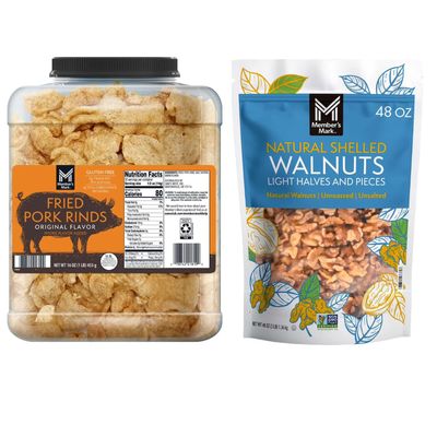 Member's Mark Original Fried Pork Rinds 16 oz + Member's Mark Natural Shelled Walnuts 48 oz Keto & Low-Carb Snack Bundle